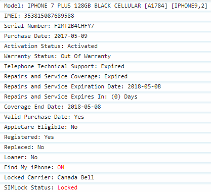 Bell Locked iPhone - IMEI Check report