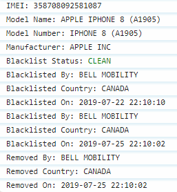 CLEAN Bell iPhone - IMEI Blacklist Check report